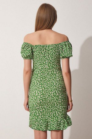 Женское зеленое трикотажное платье со сборками и воротником-кармен FF00130