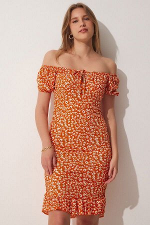 Женское оранжевое трикотажное платье со сборками и воротником-кармен FF00130