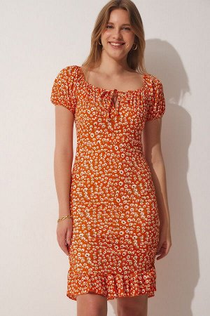 Женское оранжевое трикотажное платье со сборками и воротником-кармен FF00130