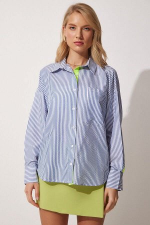 Женская сине-зеленая полосатая рубашка оверсайз в полоску с пуговицами DX00006