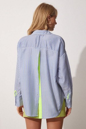 Женская сине-зеленая полосатая рубашка оверсайз в полоску с пуговицами DX00006