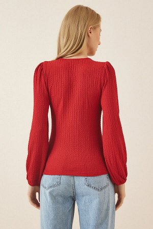 Женская фактурная трикотажная блузка с красным квадратным воротником DD01111