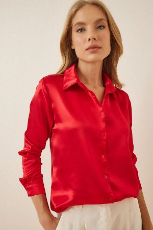 Женская красная атласная рубашка с легкой драпировкой DD00990