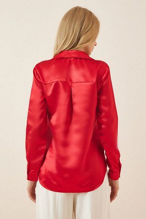 Женская красная атласная рубашка с легкой драпировкой DD00990