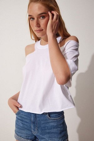 Женская белая укороченная хлопковая футболка с вырезами RC00149