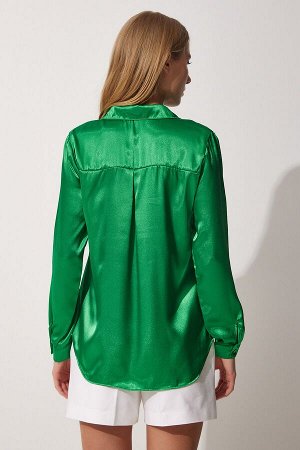 Женская ярко-зеленая рубашка из атласа с легкой драпировкой DD00990