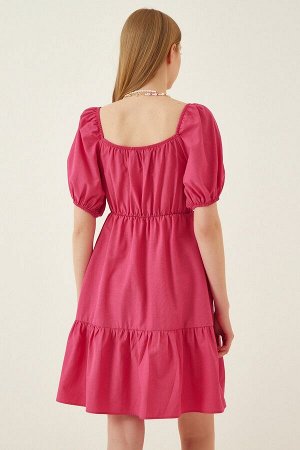 Женское темно-розовое расклешенное платье из поплина со сборным воротником DD01088