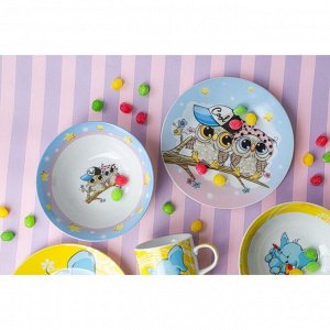 Набор детской посуды из керамики Доляна «Совы тинейджеры», 3 предмета: кружка 230 мл, миска 400 мл, тарелка d=18 см