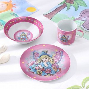 Набор детской посуды из керамики Доляна «Дюймовочка», 3 предмета: кружка 230 мл, миска 400 мл, тарелка d=18 см