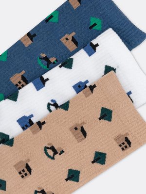 Набор мужских носков (3 шт.) бежевого цвета с рисунком в виде деревьев, домов и лошадок