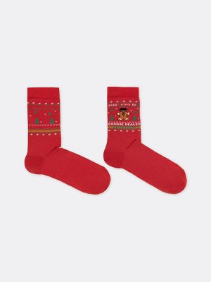 Высокие мужские носки темно-красного цвета с новогодними рисунками (1 упаковка по 5 пар)