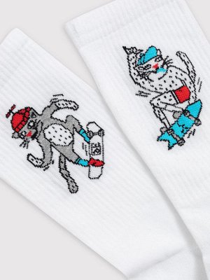 Высокие мужские носки белого цвета с изображением котов на скейтбордах (1 упаковка по 5 пар)