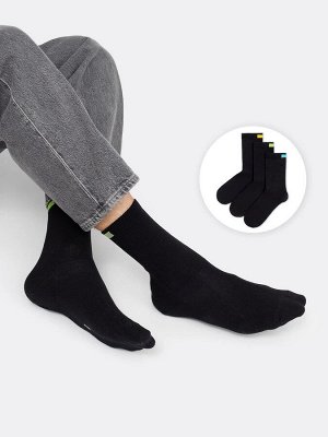 Мультипак высоких мужских носков черного цвета (3 упаковки по 3 пары) с прямоугольной цветной вставкой