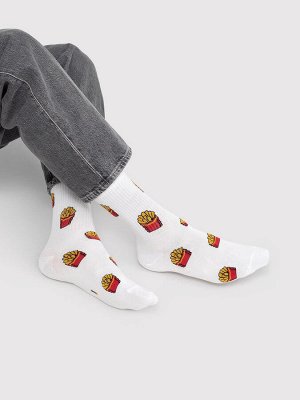 Высокие мужские носки белого цвета с изображением картошки фри (1 упаковка по 5 пар)