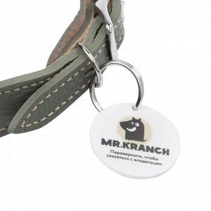 Ошейник Mr.Kranch для собак из натуральной кожи с QR-адресником, 38-45см, оливковый