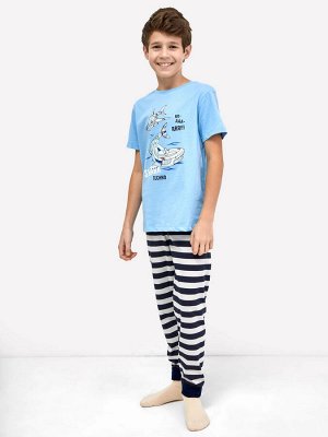 Хлопковый комплект для мальчиков (голубая футболка и брюки в серо-синюю полоску)