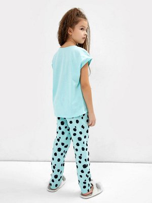 Пижама для девочек (футболка, брюки) в голубом цвете с принтом