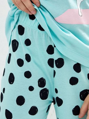 Пижама для девочек (футболка, брюки) в голубом цвете с принтом
