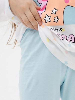 Пижама для девочек (лонгслив, брюки) в бело-голубом цвете с принтом