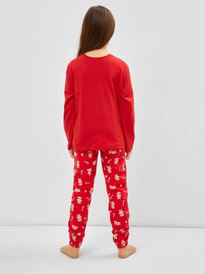 Хлопковый комплект для девочек (красный лонгслив и красные брюки) с принтом в виде печенек
