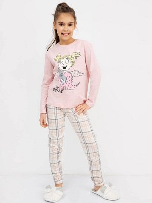 Хлопковая пижама для девочек (лонглсив и брюки) в цвете розовый меланж с серо-бежевой клеткой