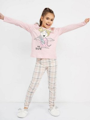 Хлопковая пижама для девочек (лонглсив и брюки) в цвете розовый меланж с серо-бежевой клеткой