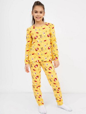 Хлопковая пижама для девочек (лонглсив и брюки) в цвете золотистый с новогодним принтом