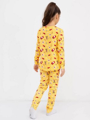 Хлопковая пижама для девочек (лонглсив и брюки) в цвете золотистый с новогодним принтом