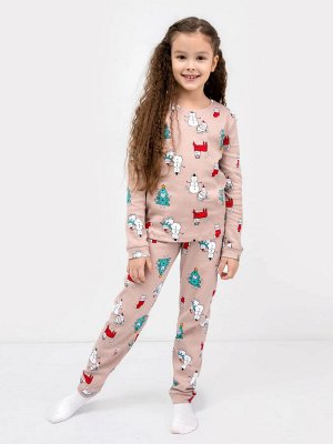Хлопковая пижама для девочек (лонглсив и брюки) разноцветная с новогодними героями