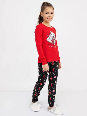 Хлопковый комплект для девочек (лонгслив и брюки) с новогодним дизайном