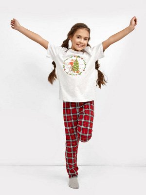 Комплект для девочек (серая футболка и брюки в клетку) с новогодним дизайном