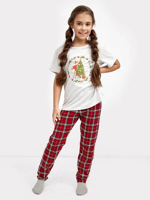 Комплект для девочек (серая футболка и брюки в клетку) с новогодним дизайном