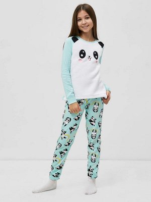 Домашний комплект (джемпер и брюки) в расцветке панды на ментоле для девочек