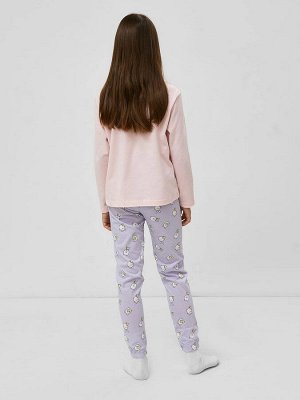 Хлопковый комплект для девочек (розовый лонгслив и сиреневые брюки) с принтом