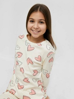 Хлопковый комплект (лонгслив и брюки) в расцветке сердца на молочном для девочек