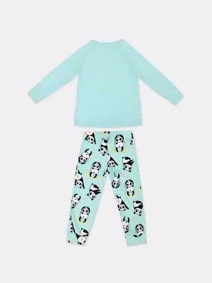 Пижама для девочек (лонгслив и брюки) в цвете ментол с изображением панды