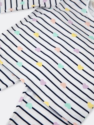 Пижамный комплект для девочек (лонгслив и брюки) в расцветке полоска и сердечки на белом