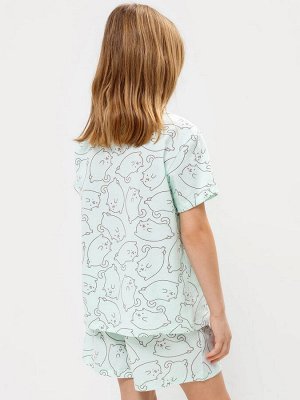 Комплект для девочек (футболка, шорты) в мятном цвете с принтом в виде котиков