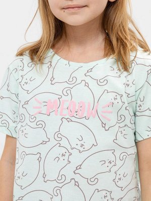 Комплект для девочек (футболка, шорты) в мятном цвете с принтом в виде котиков