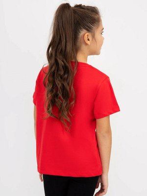 Хлопковая футболка красного цвета с новогодним принтом для девочек