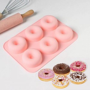 Форма силиконовая для выпечки Доляна «Пончик», 26?18 см, 6 ячеек, 7?2,8 см, цвет розовый
