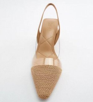 Туфли-мюли с острым плетеным носком со вставками из пвх, на небольшом каблуке, беж