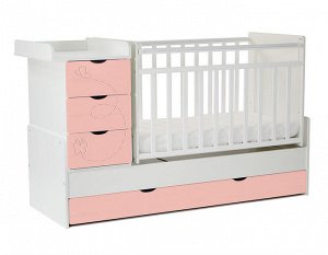 Кровать детская СКВ-5 Бабочки (опуск.бок.,маятник,4 ящика,белый+риф розовый) 542031-304