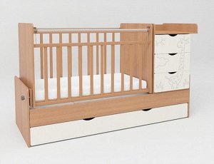 Кровать детская СКВ-5 Жираф (опуск.бок., маятн., 4 ящика, береза+кожа молоч) 540035-110