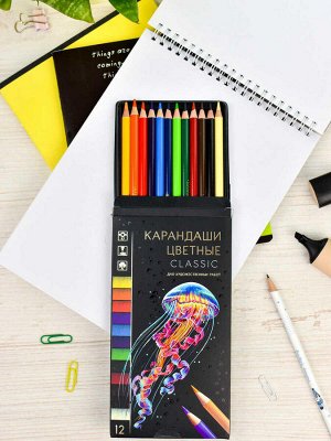 Набор цветных карандашей деревянных, КЛАССИК 12, 12 цв., картонная коробка с европодвесом, выборочным лаком и золотистым тиснением+пластиковая подложка для карандашей
