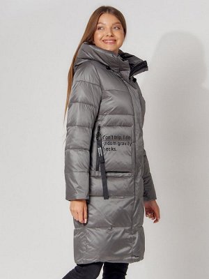 Пальто утепленное с капюшоном зимнее женское  серого цвета 442186Sr