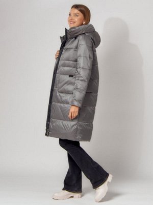Пальто утепленное с капюшоном зимнее женское  серого цвета 442186Sr
