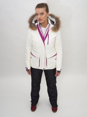 Куртка спортивная женская зимняя с мехом белого цвета 551777Bl