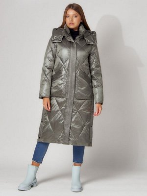 Пальто утепленное стеганое зимнее женское  цвета хаки 448601Kh