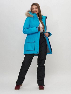 Парка женская с капюшоном и мехом зимняя синего цвета 551961S